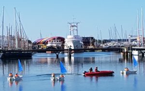 Optimist évoluant sur l'eau au Bassin des Chalutiers